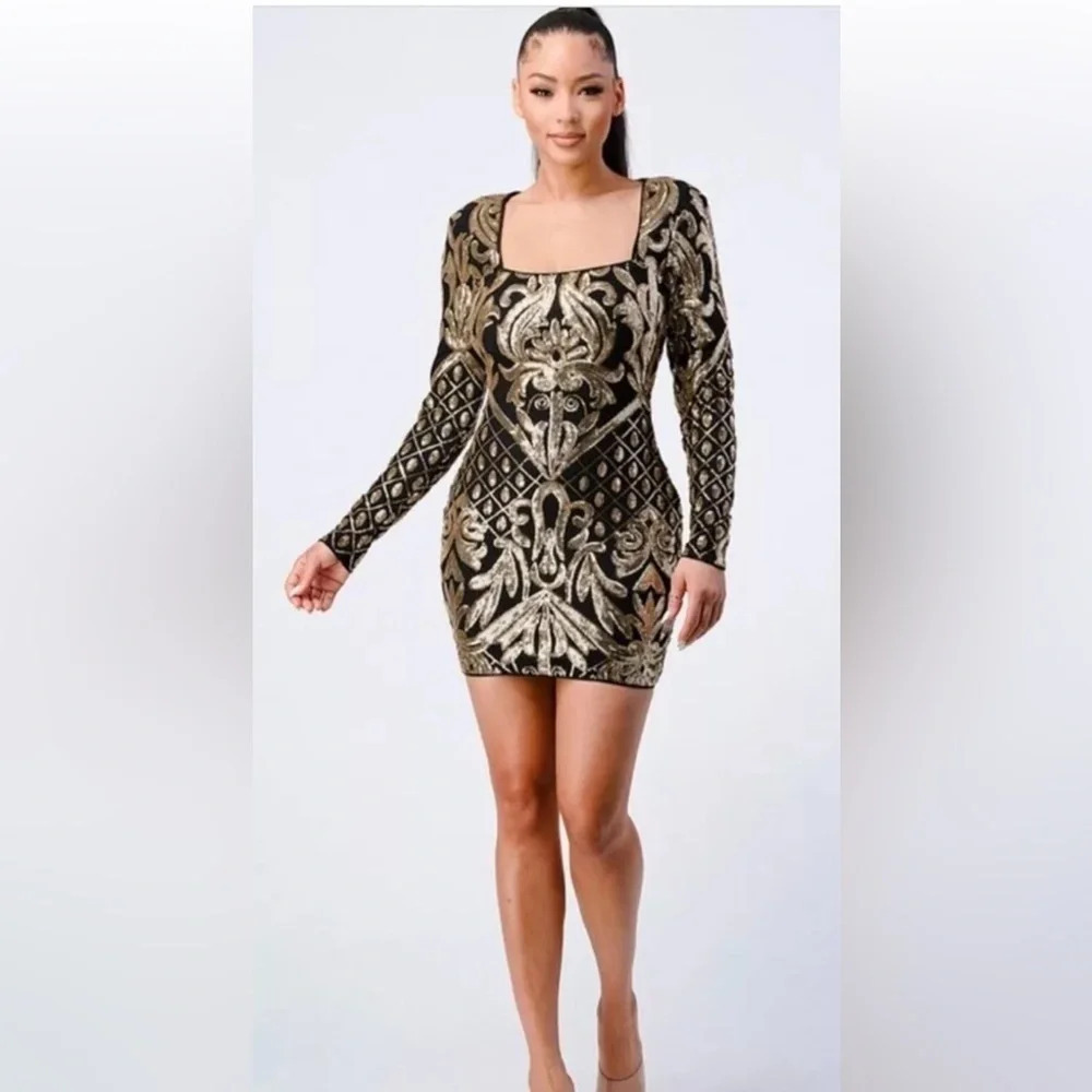 Fashion Nova Black‎ Gold Sequin Bodycon Dress Womens Size XS (1487)
